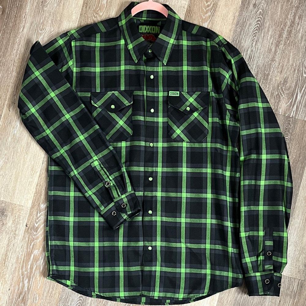 RARE DIXXON LARGE TALL Shifter Black & Green Plaid Snap-Front Button Down Shirt